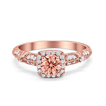 Halo Engagement Bridal Ring  Rose Tone, Simulated Morganite CZ 925 Sterling Silver